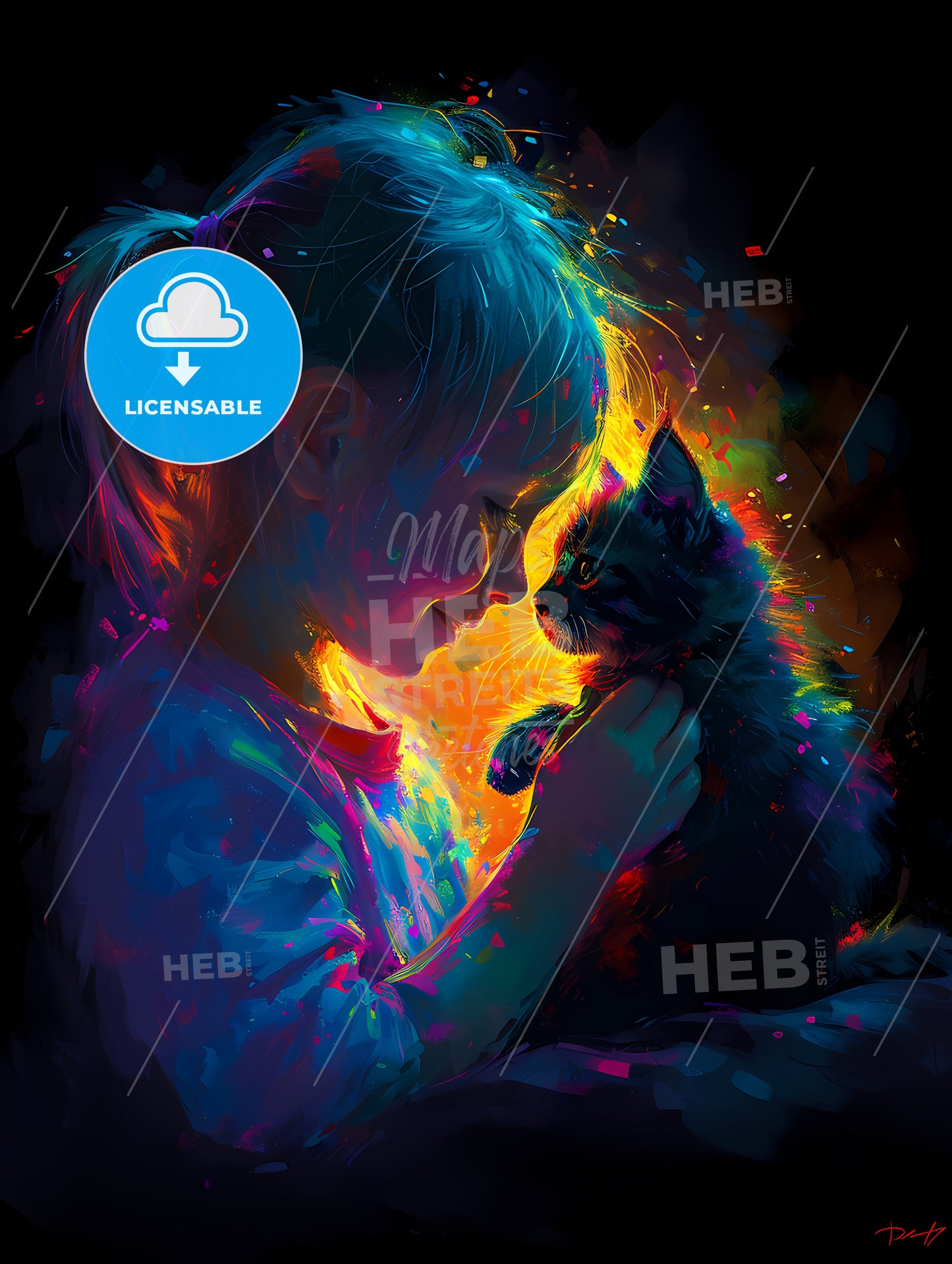 T-Shirt Design Of Abstract Smiling Little Girl, A Girl Holding A Cat