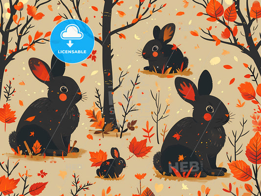 Rabbit Pattern Print, A Group Of Black Rabbits In The Woods