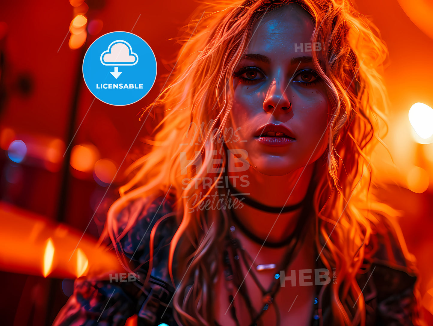 A Beutiful Female Drummer, A Woman With Long Blonde Hair And A Red Light