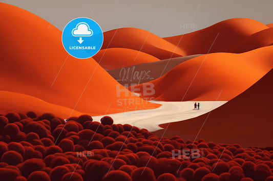 An Orange Colored Background, A Couple Walking In The Desert