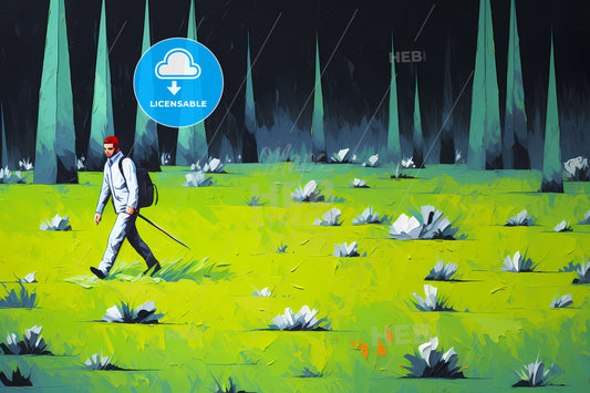 A Green Black Background, A Man Walking In A Field