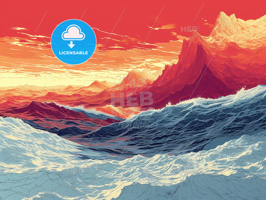 The Illustration Of A Red Wave, A Landscape Of Mountains And Waves