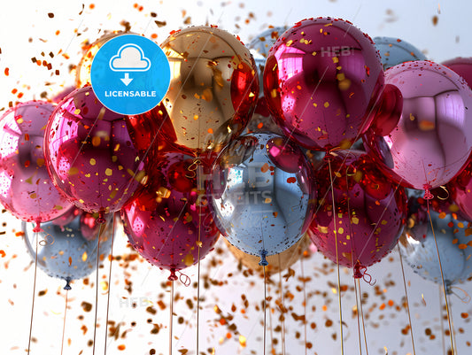 Colorful Birthday Party Balloons, A Group Of Balloons With Confetti Flying In The Air