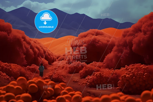 An Orange Colored Background, A Person Walking Through A Desert