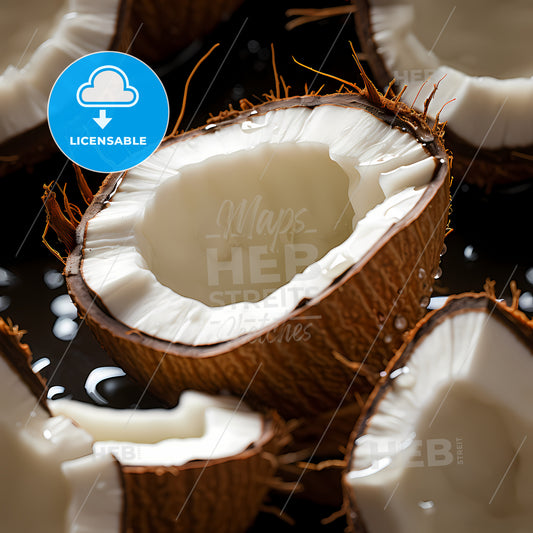 Fresh Coconut Seamless Background, A Group Of Coconuts Cut In Half