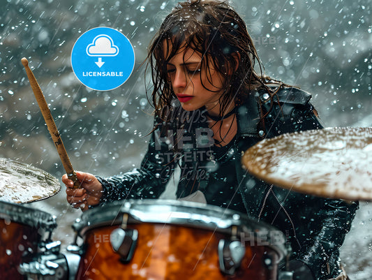 A Beutiful Female Drummer, A Woman Playing Drums In The Rain