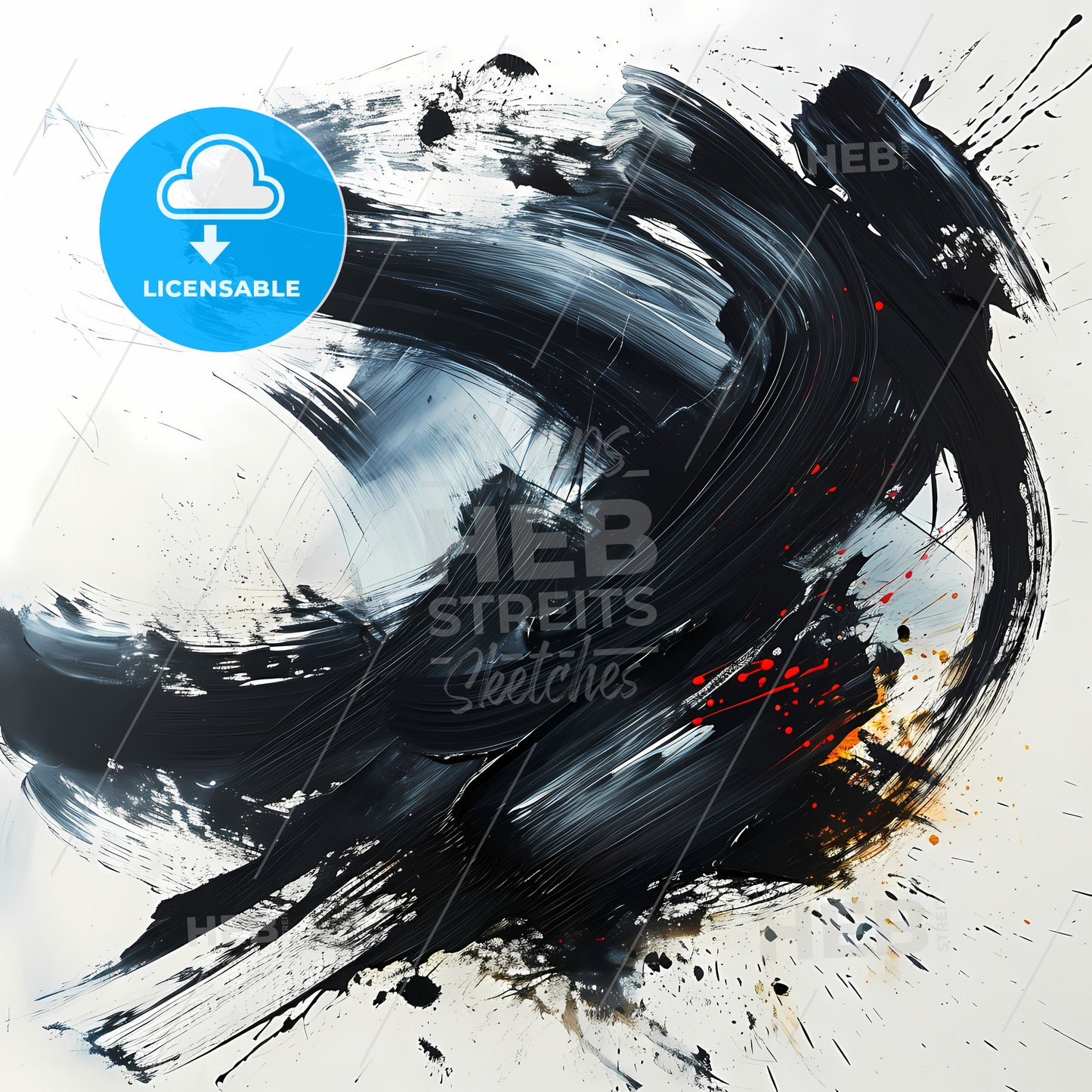 Black And White Abstract Brush Painting, Black Paint Splatter On A White Surface