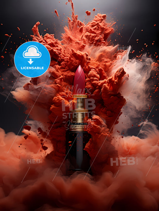Powerful Explosion Of Red Dust, A Lipstick In A Cloud Of Smoke