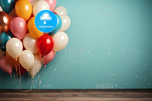 Happy Birthday Background, A Group Of Balloons On A Wooden Floor