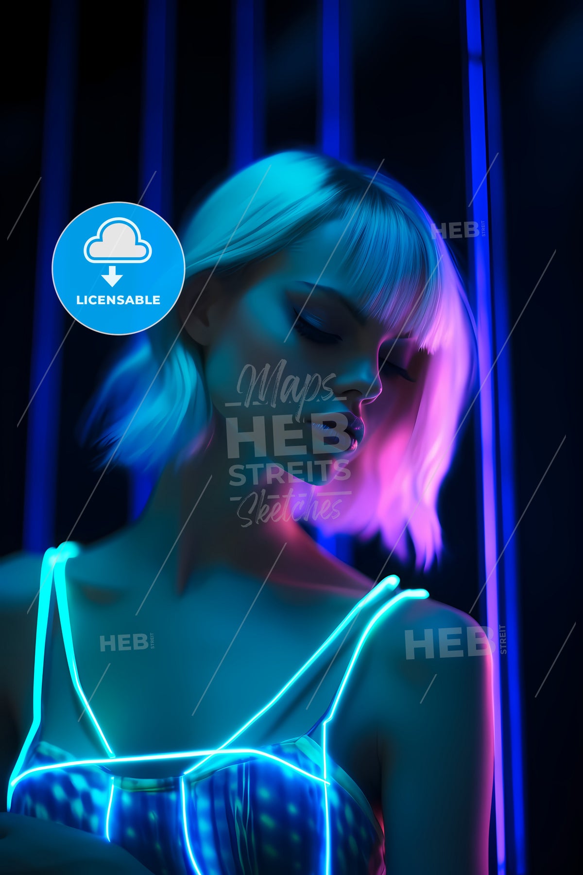 Artsy Fashion Photography, A Woman With Blonde Hair And Blue And Pink Lights