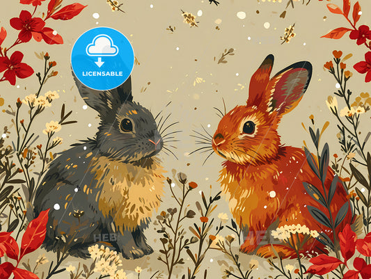 Rabbit Pattern Print, A Couple Of Bunnies In A Garden