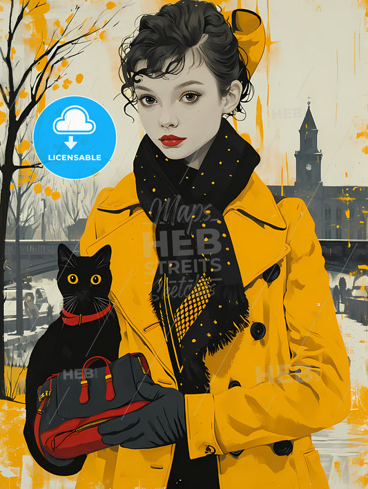 T-Shirt Design Of Abstract Smiling Little Girl, A Woman In A Yellow Coat And Black Hat Holding A Black Cat