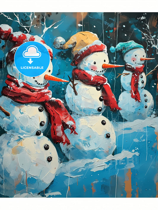 Snowmen With Red Scarfs, A Group Of Snowmen With Hats And Scarves