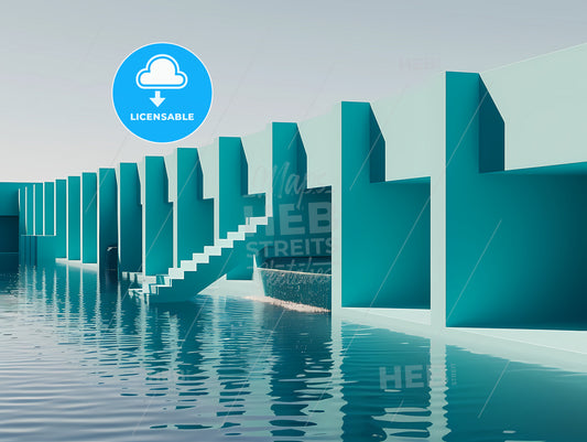 Minimal Abstract Light Blue Background, A Wall With Stairs And A Body Of Water