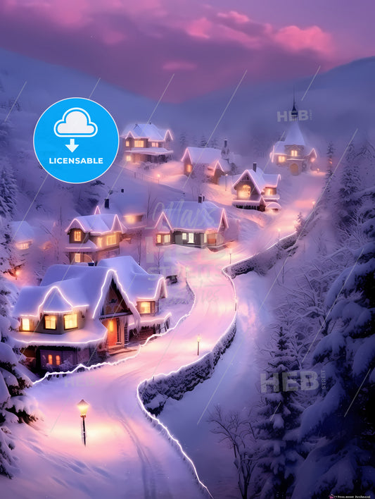 Beautiful Snow Scene, Pink Snow, A Snowy Village With Lights On The Roof