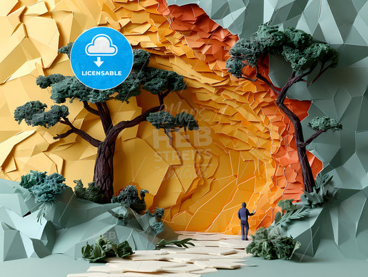 Layered Paper Mountaineering Landscape, A Man Standing In Front Of A Low Poly Landscape
