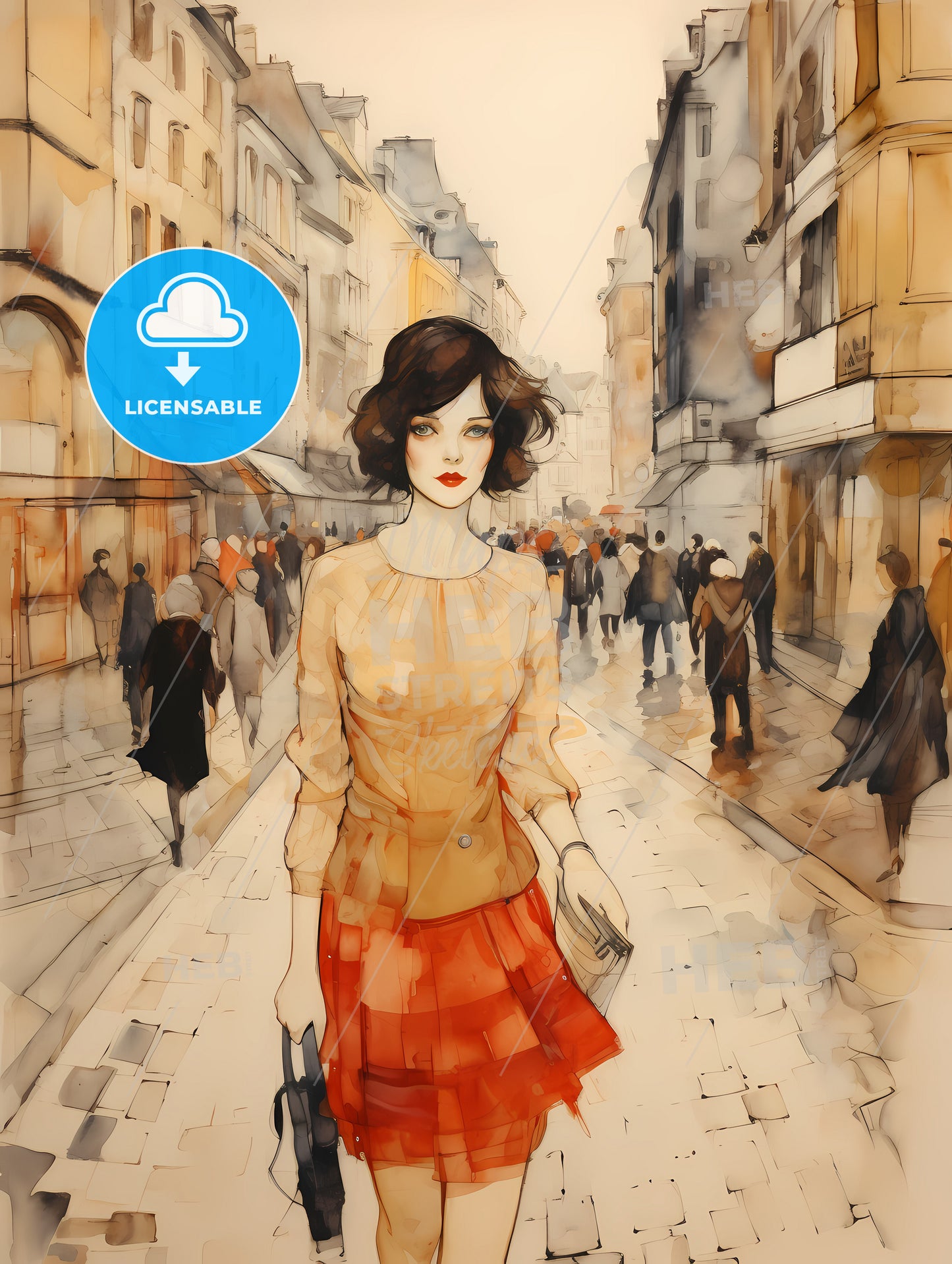 Art Deco Noveaux, A Woman Walking Down A Street