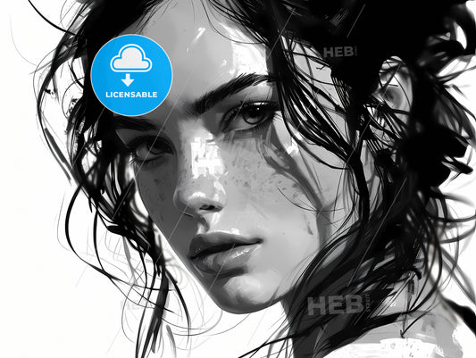 Portrait Of A Woman With An Expressive Face, A Woman With Freckles And Wet Hair
