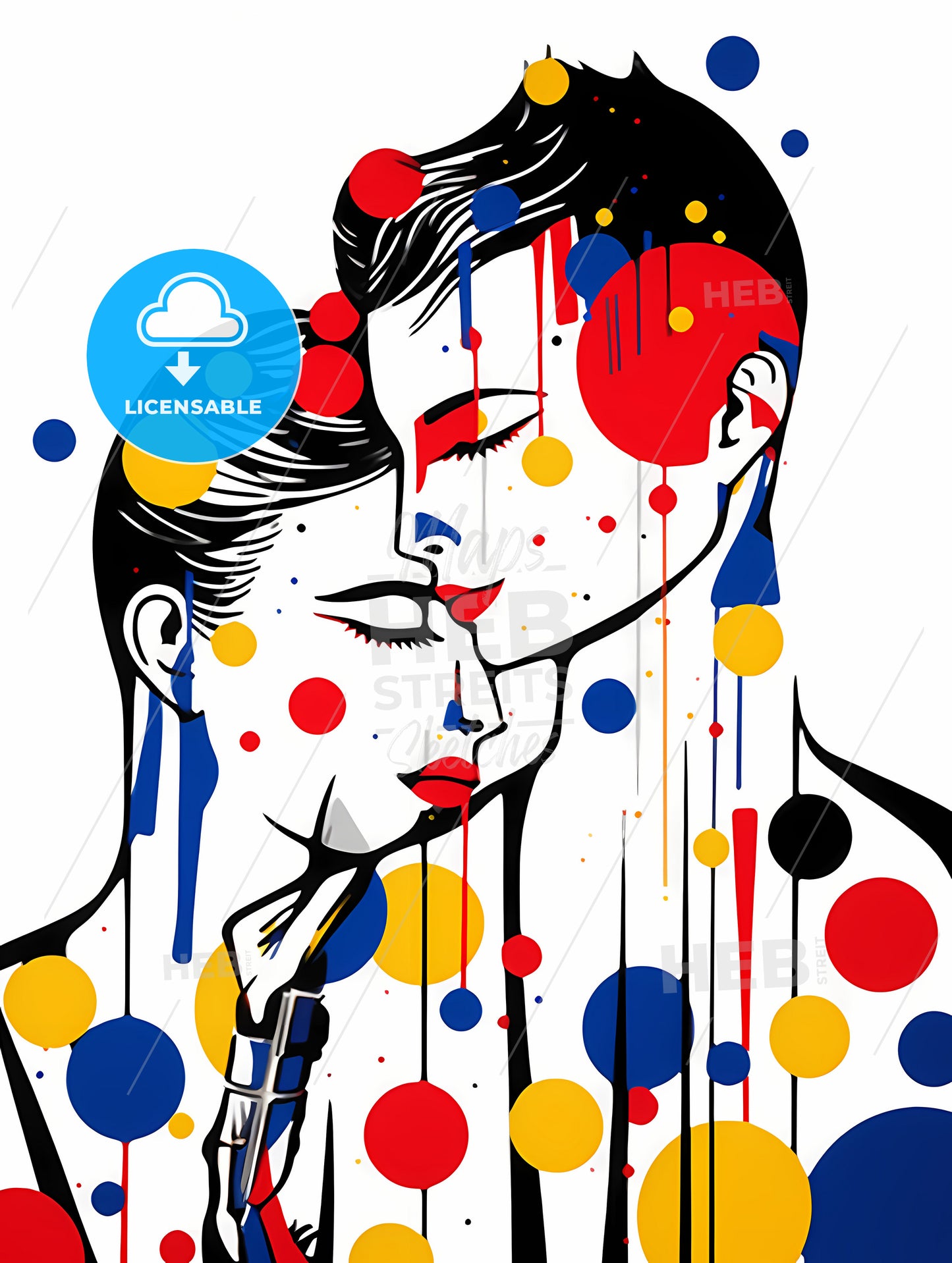 Minimalist Barber Art, A Man And Woman With Colorful Dots