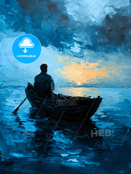 Long Beach Art Sketch With Clear Blue Background, A Painting Of A Man In A Boat