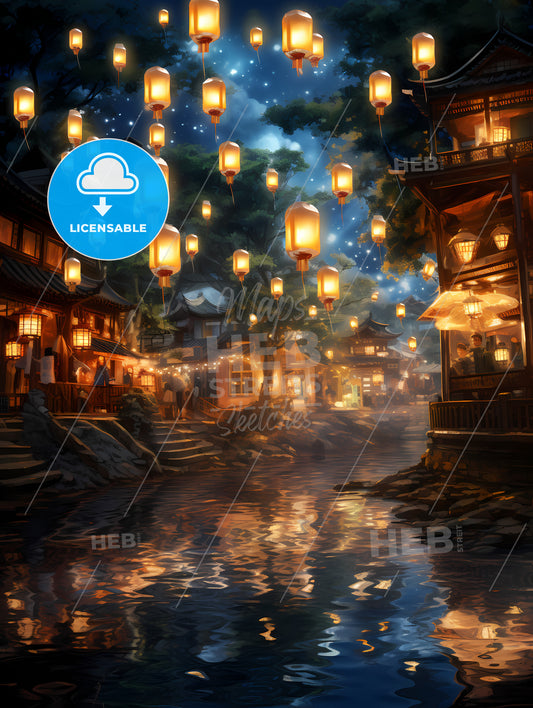 Celebration Scene With 100 Lanterns, A River With Lanterns From It