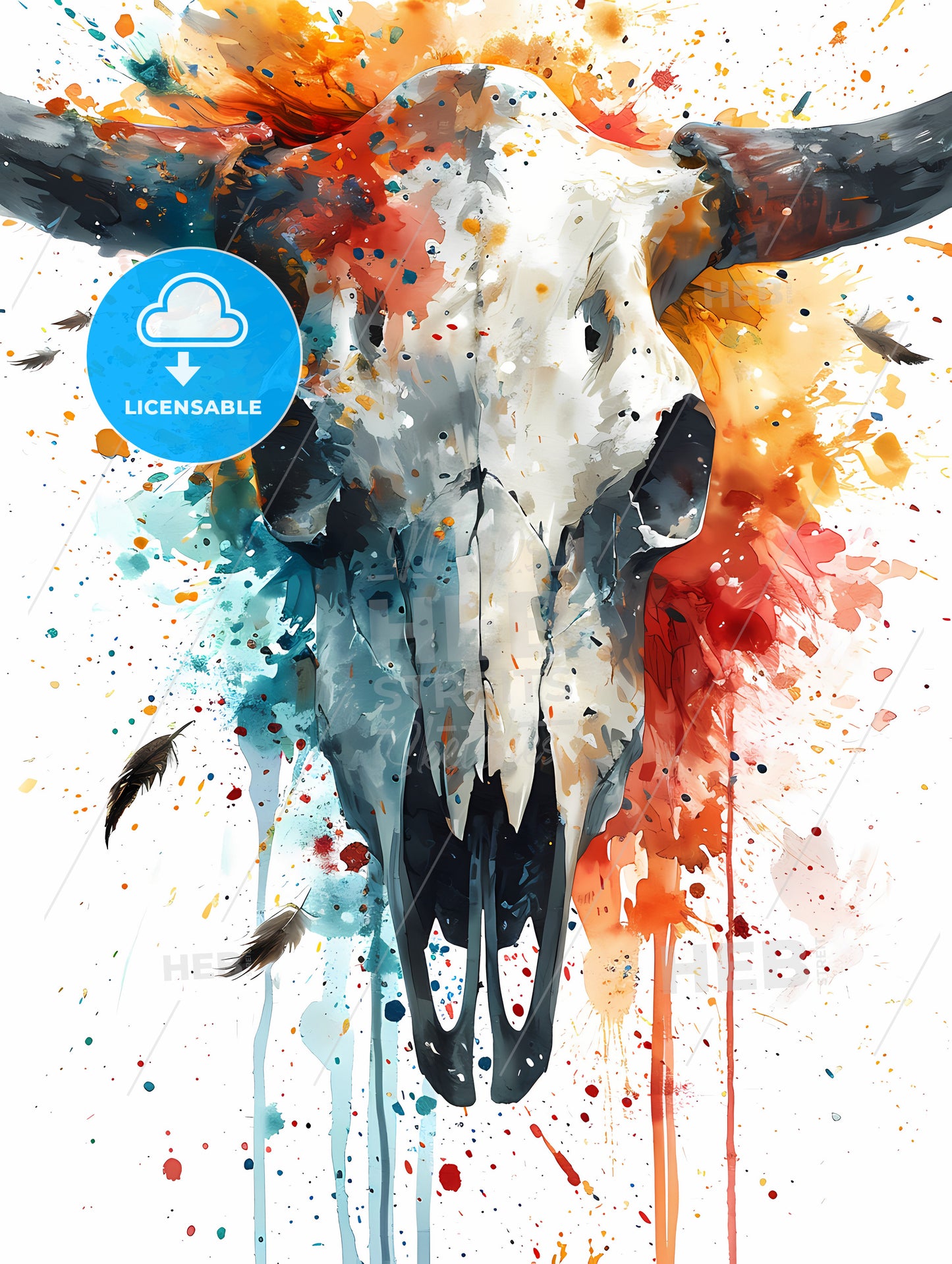 Native American Cow Skull, A Painting Of A Skull With Colorful Splashes
