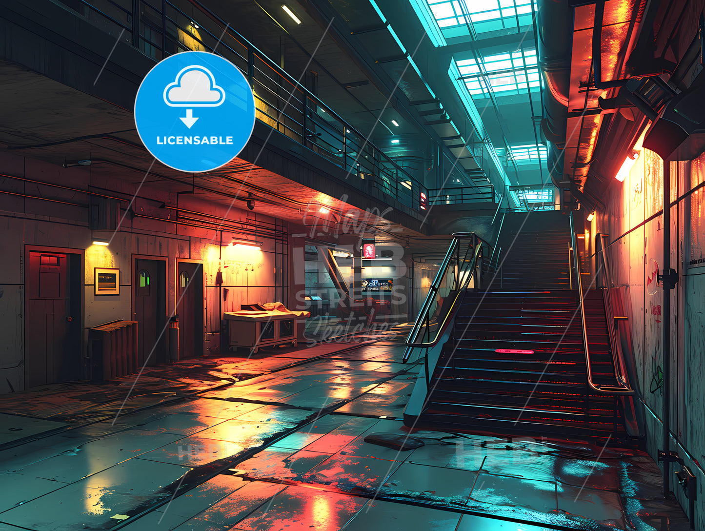 Risograph Of A Futuristic Cityscape, A Building With Stairs And A Staircase