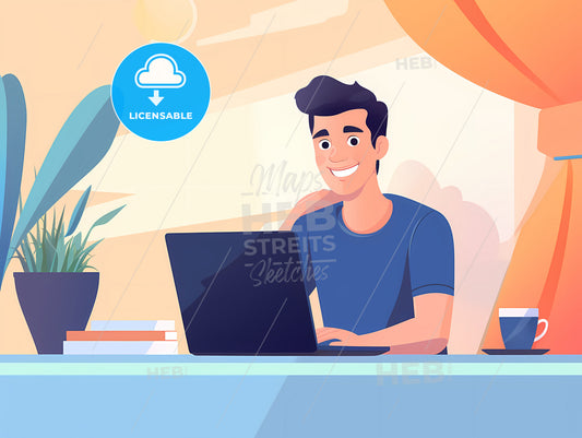 Young Man Working From Home, A Man Sitting At A Table With A Laptop