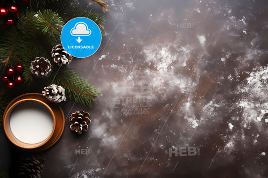 Top View Of Table With Christmas Decor, A Candle And Pine Cones On A Table
