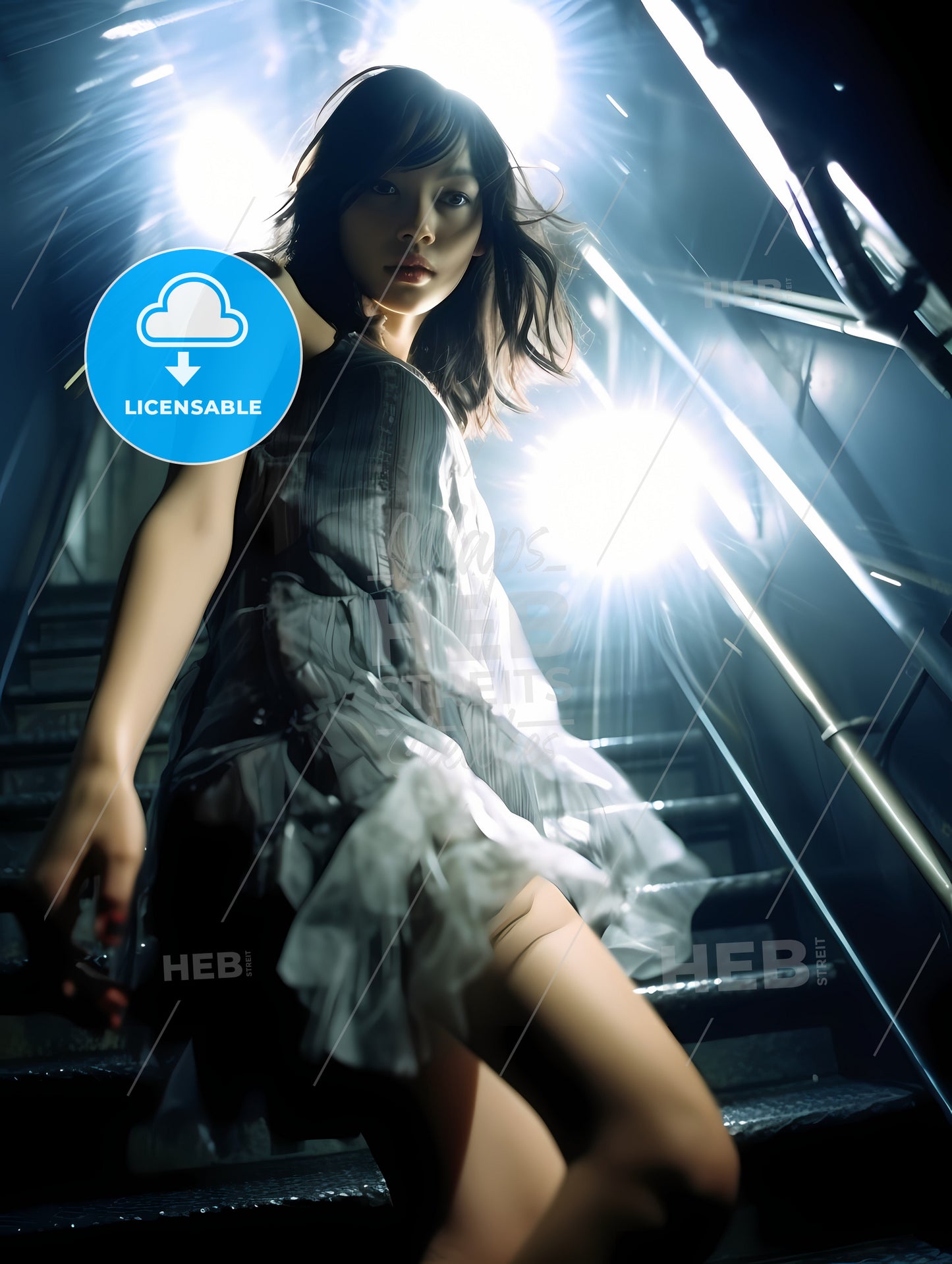 A Girl In A Light Dress, A Woman In A Dress On A Staircase