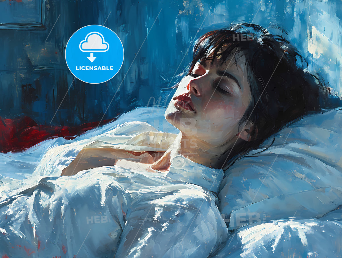 Painted Portrait Of Woman In Bed, A Woman Lying Down With Her Eyes Closed