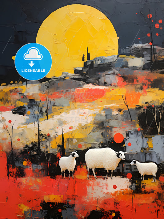 Farm On The Plains Of Obscurity, A Painting Of Sheep In A Field With A Yellow Moon