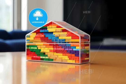 A Gift Box With Rainbow Color Ribbon, A Plastic Container With Colorful Blocks In It