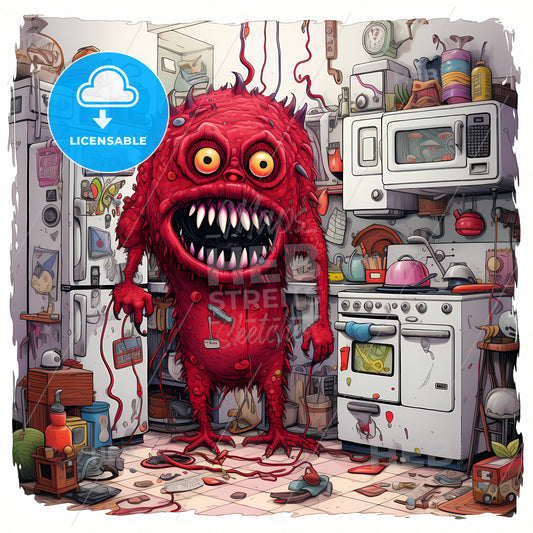 A Large Red Monster, A Cartoon Of A Red Monster In A Kitchen