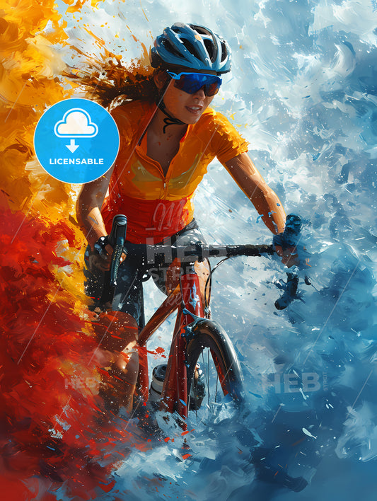 An Art Illustration Of A Triathlon, A Woman Riding A Bike In A Colorful Explosion