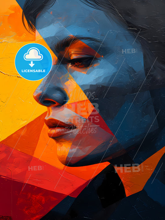 A Painting Of A Woman, A Woman's Face With Colorful Triangles
