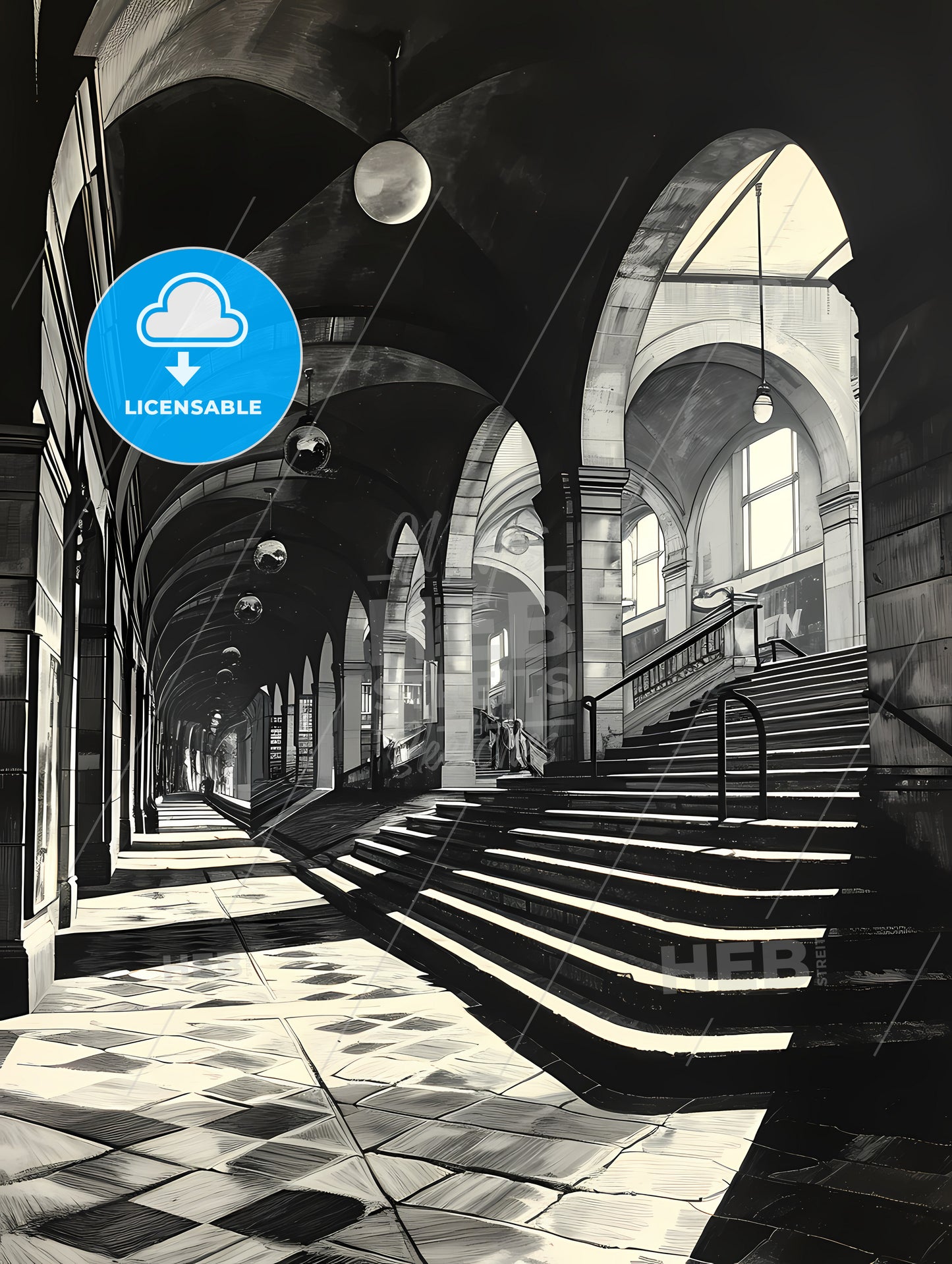 Art Deco Minimalism, A Black And White Photo Of A Building With A Staircase