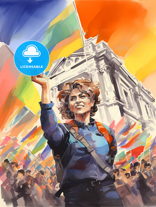 Lgbt Pride Illustration, A Woman Holding A Flag In Front Of A Crowd Of People