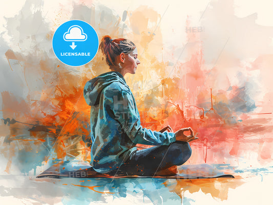 Watercolor Of A Person Meditating Yoga, A Woman Sitting On A Yoga Mat