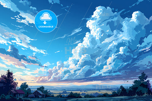 An Illustration Of A Blue Sky, A Landscape With A House And Clouds