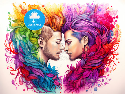 Dessin Pour Coloriage Couple Gay, A Couple Of Men With Colorful Hair