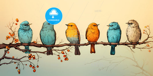 A Group Of Five Birds Are Lined Up, A Group Of Birds Sitting On A Branch