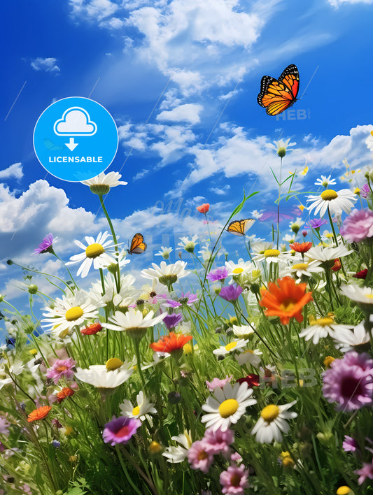 A Meadow Full Of Flowers, A Butterfly Flying Over A Field Of Flowers