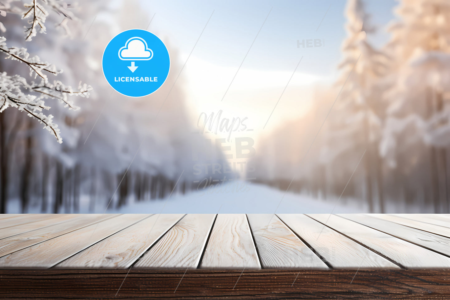 An Empty White Wooden Table, A Wooden Table With Snow Covered Trees In The Background