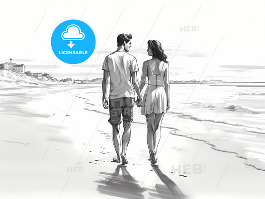 A Young Couple Walked Hand In Hand On The Beach, A Man And Woman Holding Hands On A Beach