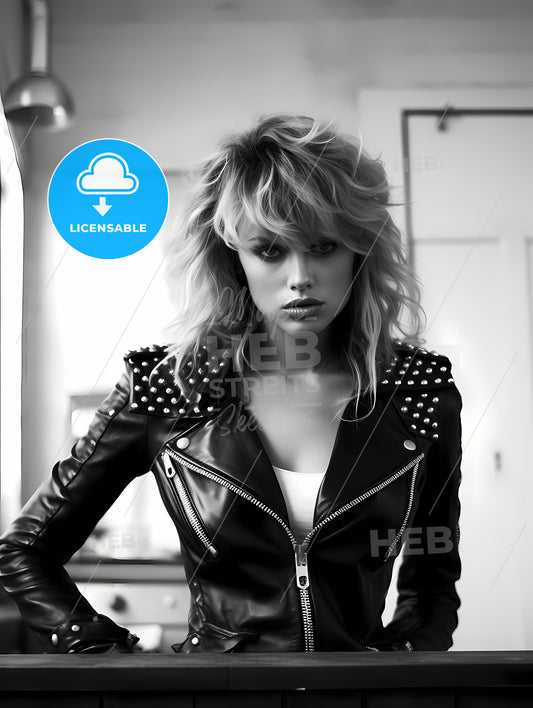 Leather Goddess In A Trendy Kitchen, A Woman In A Leather Jacket