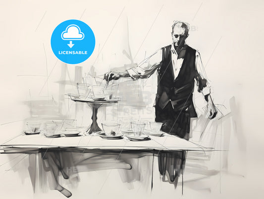 A Waiter Serves His Last Table In Motion, A Man Standing Next To A Table With A Tray Of Tea Cups