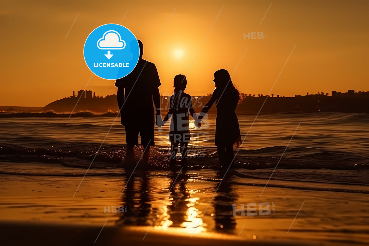 Silhouette Of Happy Family Together, A Group Of People Standing In The Water Holding Hands