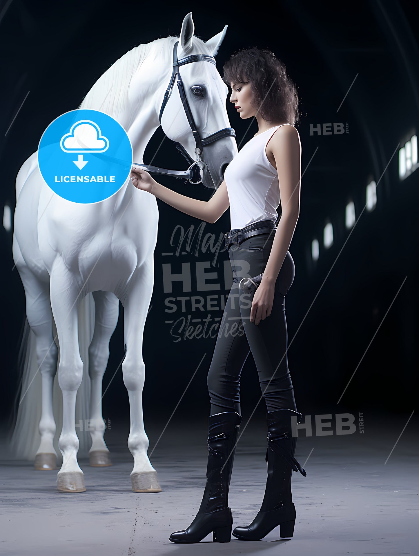 A Woman In Black Stiletto Boots, A Woman Standing Next To A White Horse