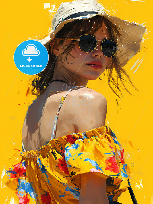 Paper Art Style Illustration, A Woman Wearing A Hat And Sunglasses